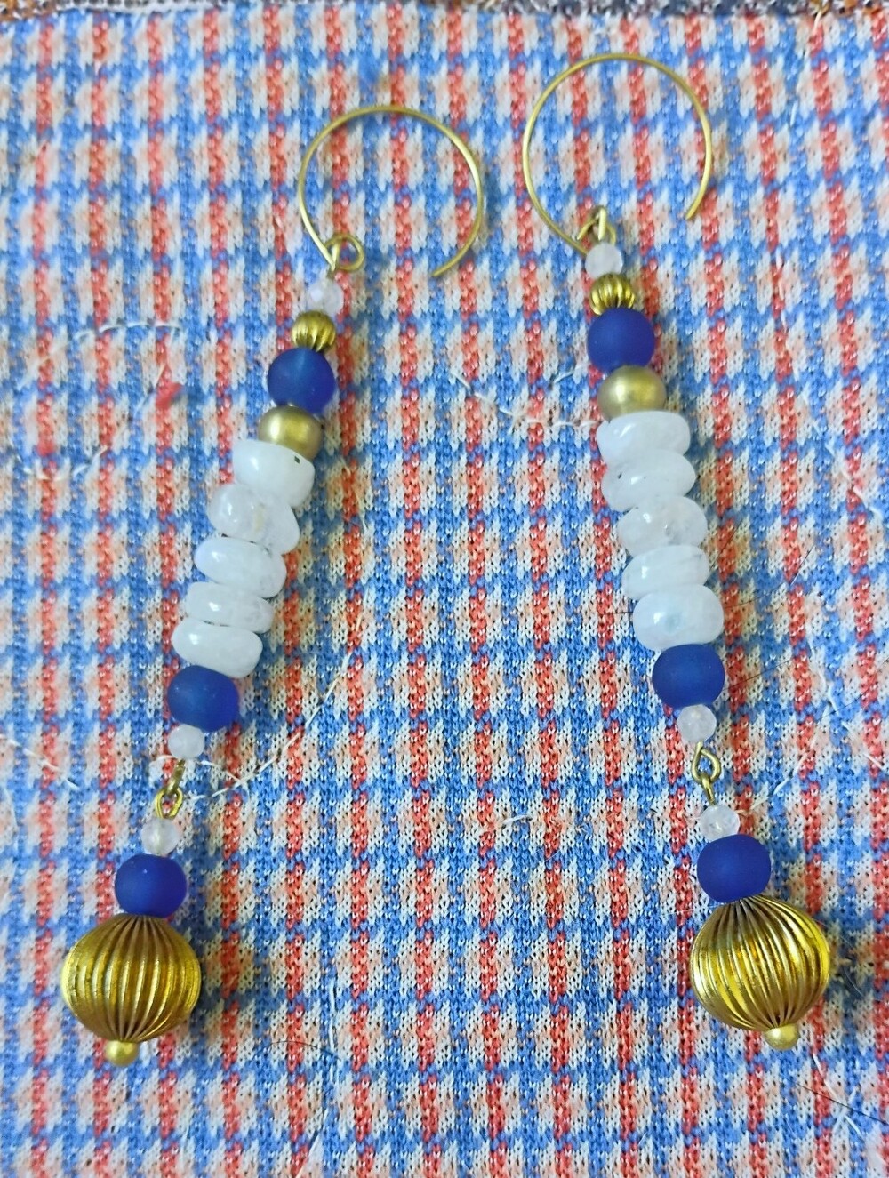 Long Rainbow Moonstone and Cobalt Glass Handmade Dangles